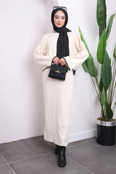 İmajButik Κρεμ πλεκτό Crop Φόρεμα Διπλό Σετ