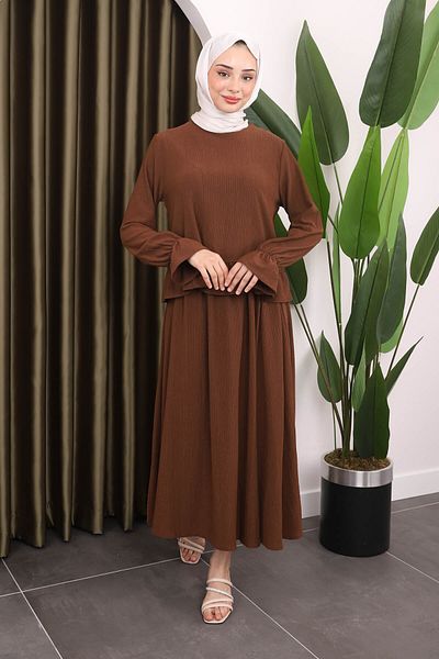 İmajButik Καφέ Σετ μπλούζα και φούστα - Λεπτομέρεια μανίκι