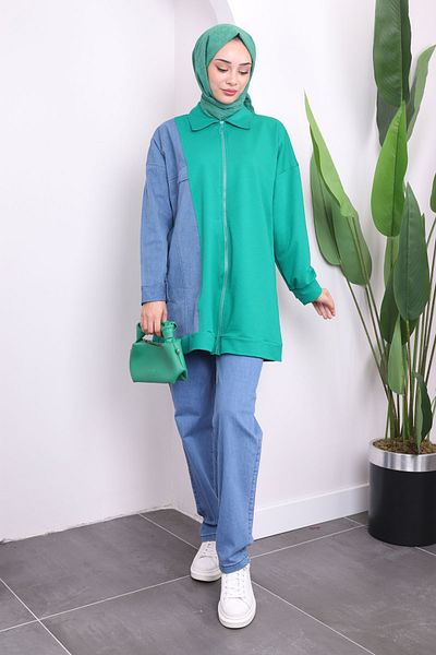 İmajButik Green Zippered Jeans Detailed Trousers Suit