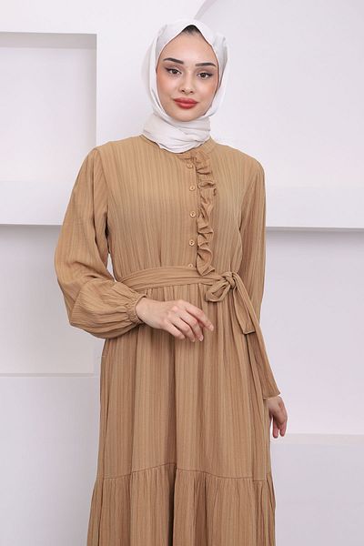İmajButik Φόρεμα μπισκότου με βολάν με μισά κουμπιά