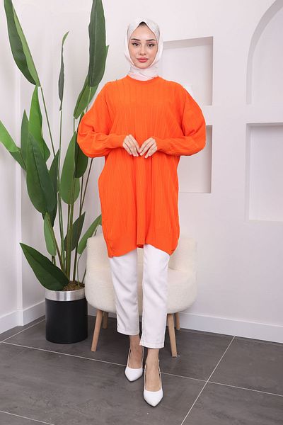 İmajButik Πορτοκαλί Crew Neck Mercerized Casual Knitwear Tunic