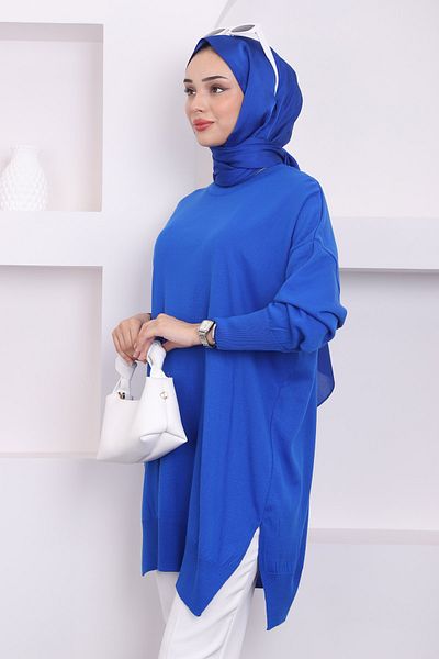 İmajButik Saks Blue Crew Neck Mercerized Casual Knitwear Tunic