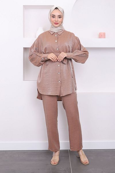 İmajButik Σετ σατέν τουνίκ και παντελόνι - Camel Buttoned