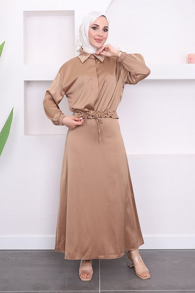 İmajButik Σατέν Σετ - Καμηλό γιακά με βρόχους και κρυφή φούστα