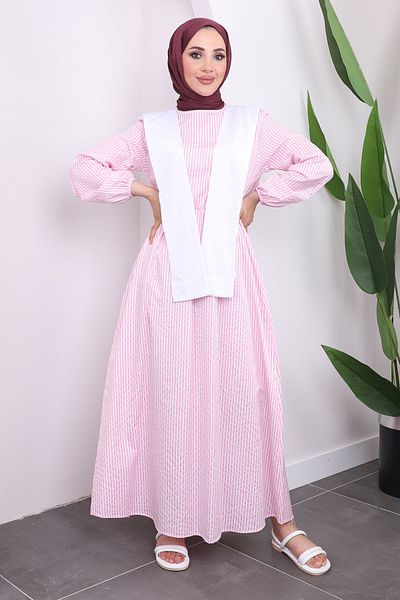 İmajButik Ριγέ ροζ γιακά φόρεμα
