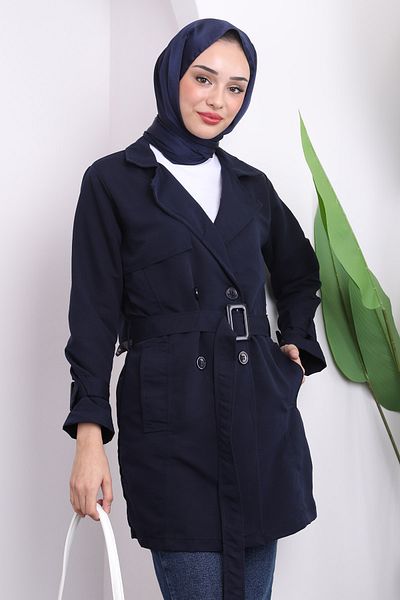 İmajButik Μπλε μπλέ κοντή καμπαρντίνα με τσέπες και ζώνη στη μέση