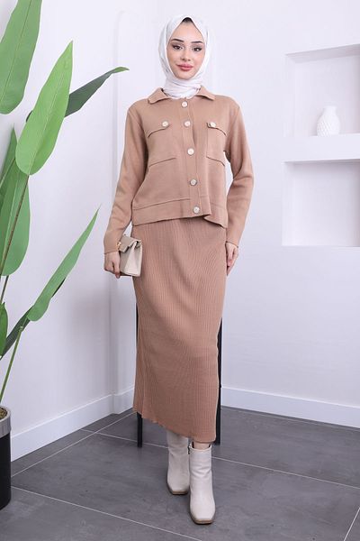 İmajButik Σετ Πλεκτό Μπισκότο Crop Ζακέτα με Φούστα