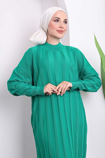 İmajButik Πράσινο Πλεκτό Φόρεμα Mercerized με γιακά