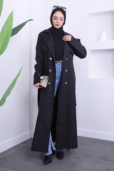 İmajButik Καμπαρντίνα με μαύρη ζώνη μέσης με κουμπιά