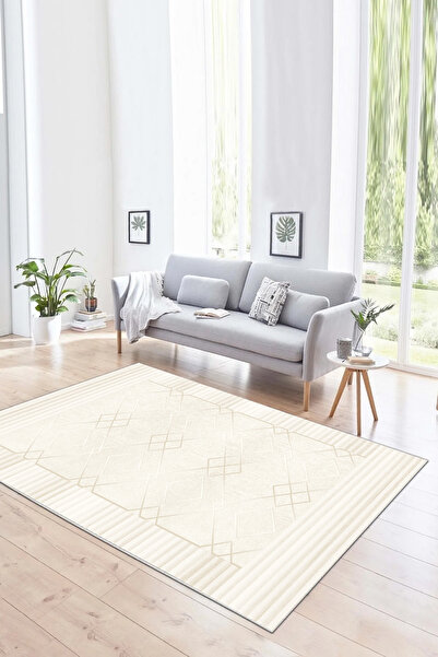 Halise Home Dokulu ve Çerçeveli Modern Desenli Kaymaz Tabanlı Yıkanabilir Bas...