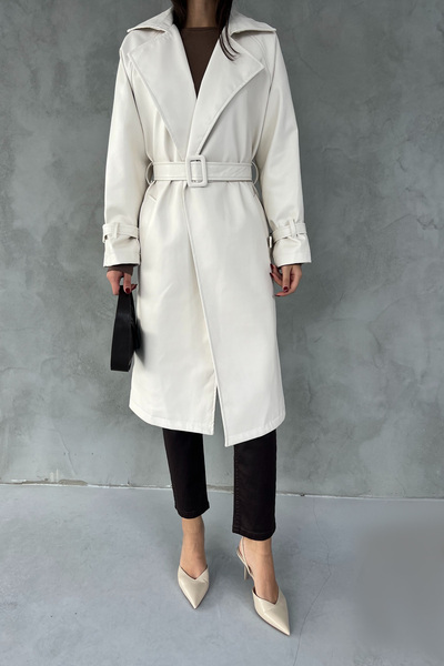 Seda Yalçın Atelier Ekru Kemerli Deri Trençkot
