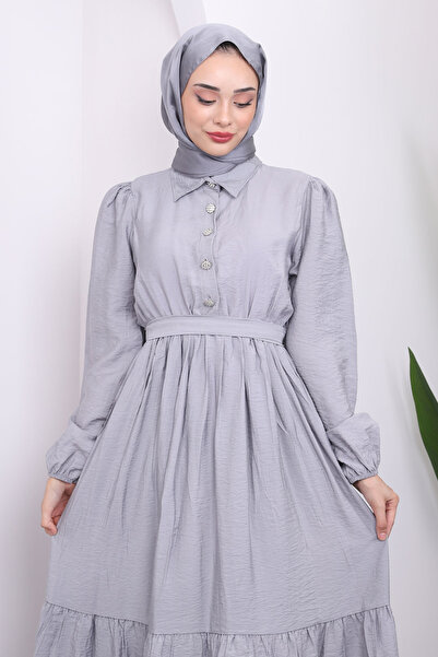 İmajButik Linen Gray Dress - Waist Gathered