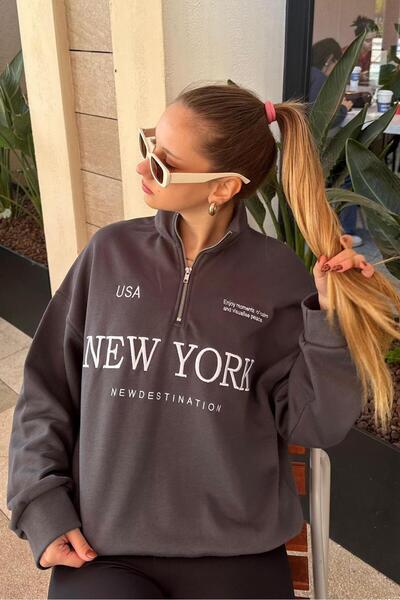 Madmext Füme Yarım Fermuarlı Baskılı Sweatshirt MG2240