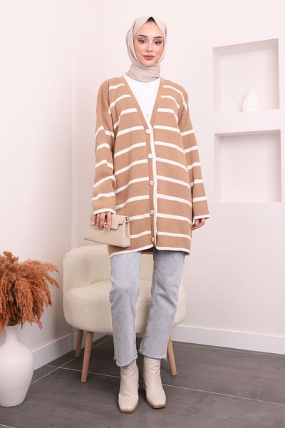 İmajButik Μπισκότο ριγέ πλεκτή ζακέτα