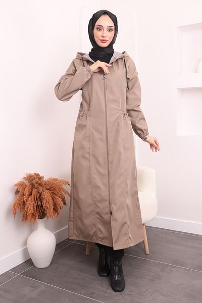 İmajButik Μακριά καμπαρντίνα με κουκούλα βιζόν με ελαστικό μανίκι