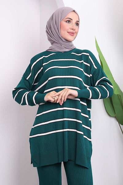 İmajButik Emerald Green Striped Knitwear Tunic Trousers Set