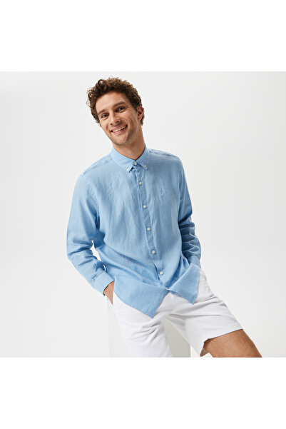 Nautica Erkek Mavi Classic Fit Uzun Kollu Keten Gömlek