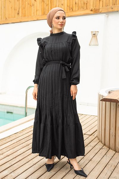 İmajButik Μαύρο βολάν φόρεμα με πλισέ φύλλο