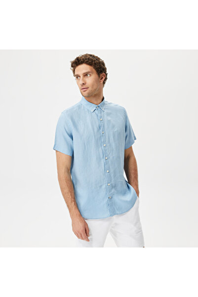 Nautica Erkek Mavi Classic Fit Kısa Kollu Keten Gömlek