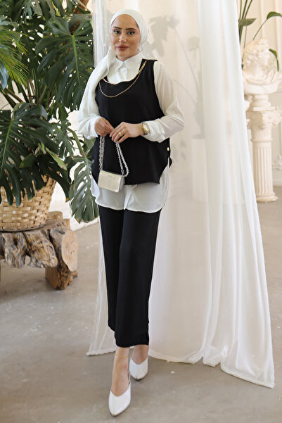 İmajButik Black Side Buttoned Necklace Triple Wrap Suit