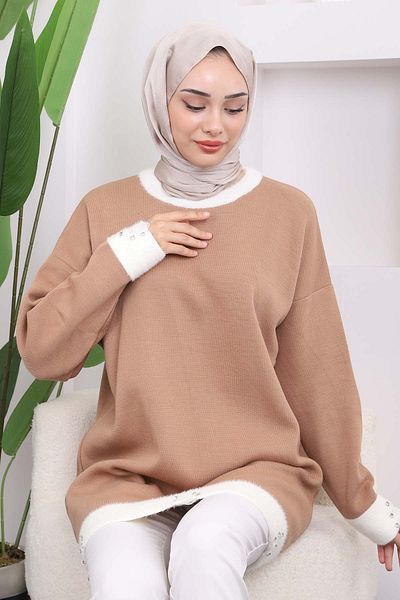İmajButik Μπισκότο Πέτρινο Λεπτομερές Πλεκτό Τούνικ