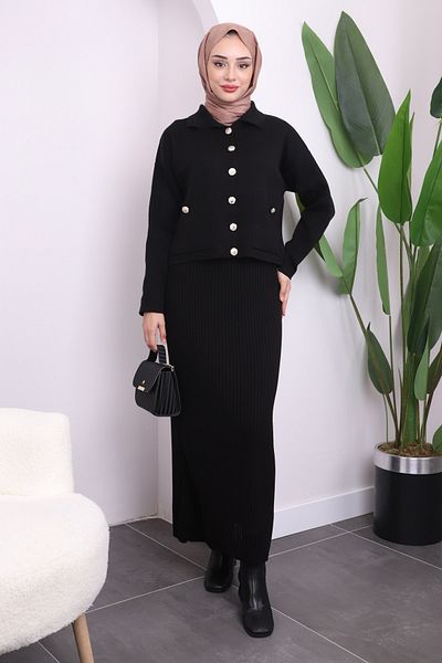 İmajButik Black Crop Cardigan Knitwear Dress Double Combination
