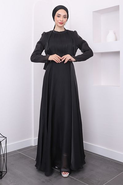 İmajButik Βραδινό φόρεμα με πλισέ μαύρη ζώνη