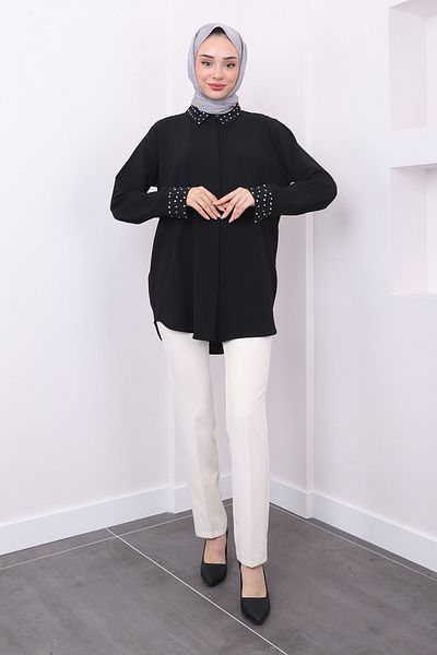 İmajButik Μαύρο πουκάμισο με πέτρινη λεπτομέρεια