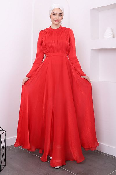 İmajButik Belted Red Front Pleated Evening Dress