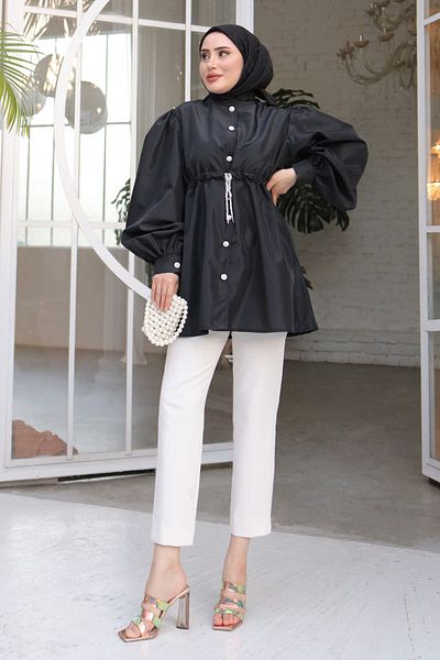 İmajButik Black Waist Strap Detailed Taffeta Jacket