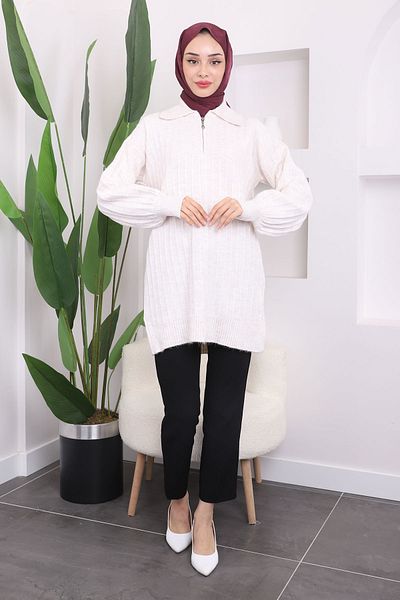 İmajButik Μπεζ πλεκτό χιτώνα Şardon με φερμουάρ
