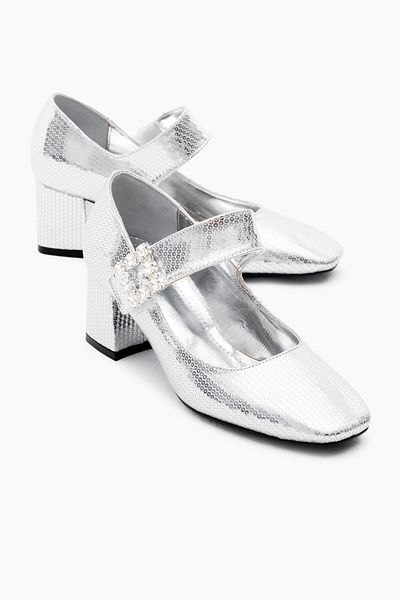 Tonny Black Pantofi cu toc cu cataramă cu piatră cu velcro cu talpă Neolite argintie