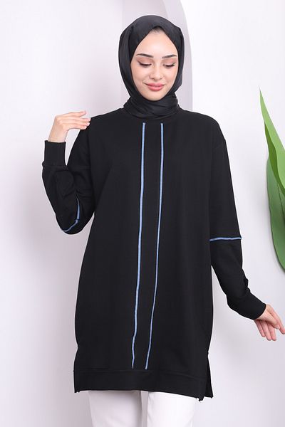İmajButik Μαύρο χιτώνα με δύο κλωστές με μπροστινή ρίγα