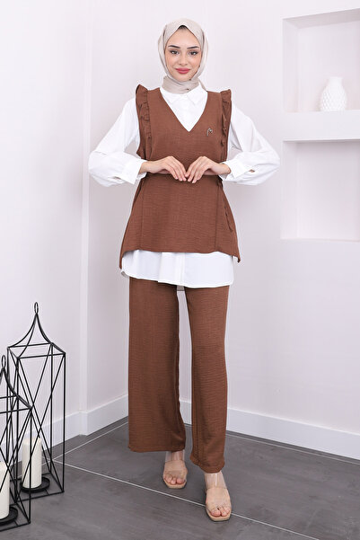 İmajButik Καφέ πουλόβερ και πουκάμισο - Σετ παντελονιού τριών τεμαχίων