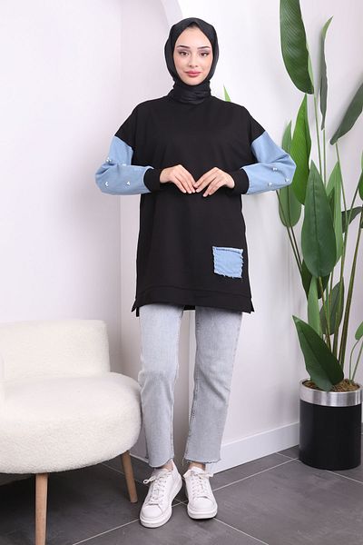 İmajButik Black Sleeve Bead Detailed Two Thread Tunic