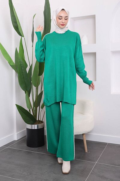 İmajButik Πλεκτό παντελόνι πράσινο Shepherd's Stitch Tunic Σετ
