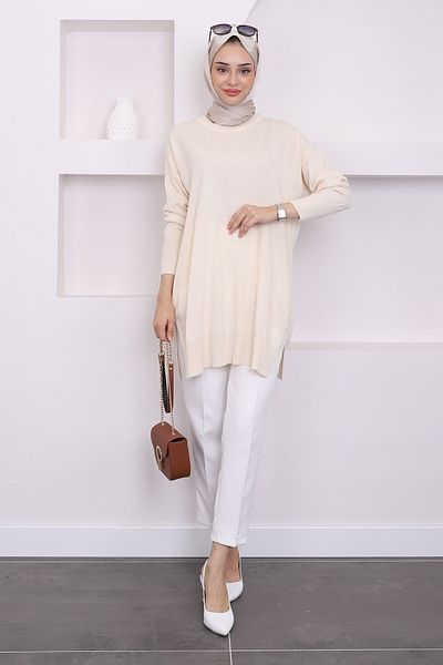İmajButik Πέτρινο Crew Neck Mercerized Casual Knitwear Tunic