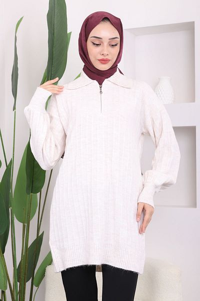 İmajButik Μπεζ πλεκτό χιτώνα Şardon με φερμουάρ