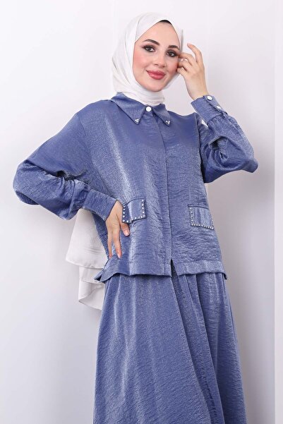 İmajButik Indigo Shirt and Skirt Set - Stone Detailed