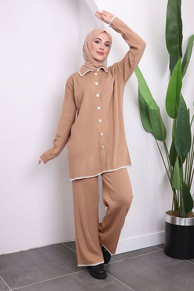 İmajButik Σετ πλεκτό παντελόνι ζακέτα με μπισκότο