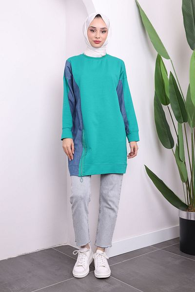İmajButik Green Denim Detailed Zippered Tunic