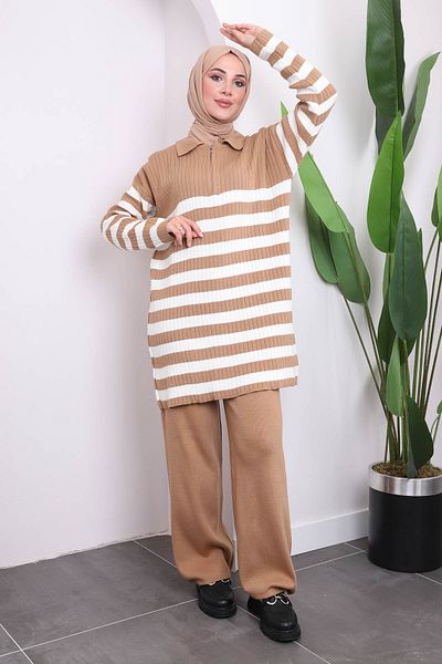 İmajButik Σετ πλεκτό παντελόνι με φερμουάρ μπισκότο γιακά