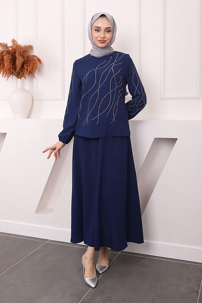 İmajButik Dark Blue Skirt Set with Front Sleeve Detail
