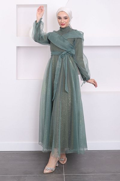 İmajButik فستان سهرة لامع بأكمام بالون كاكي - تفاصيل أمامية