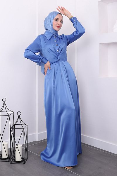 İmajButik Σατέν Indigo βραδινό φόρεμα - με κουμπιά στο λαιμό και σταυρωτό φύλλο