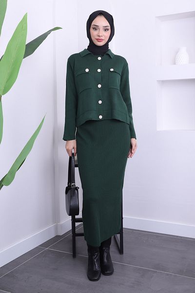 İmajButik Σετ Πλεκτό Ζακέτα Emerald Green Crop με Φούστα