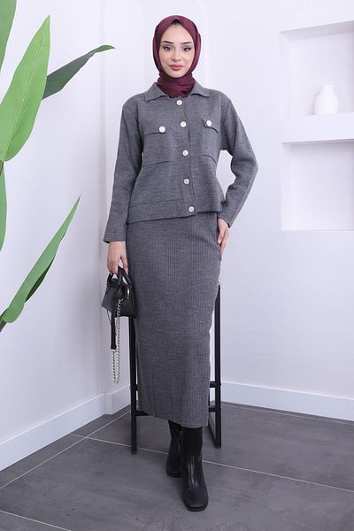 İmajButik Anthracite Crop Cardigan Skirt Knitwear Set