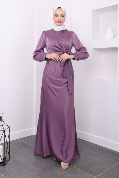 İmajButik Rochie de seara drapata din satin - Detaliu frontal Dusty Rose