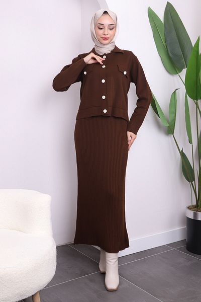 İmajButik Καφέ Crop Jacket Φόρεμα Διπλό Συνδυαστικό Πλεκτό Σετ