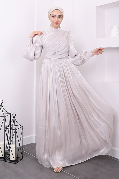 İmajButik فستان سهرة بأكمام بالون وياقة حجرية